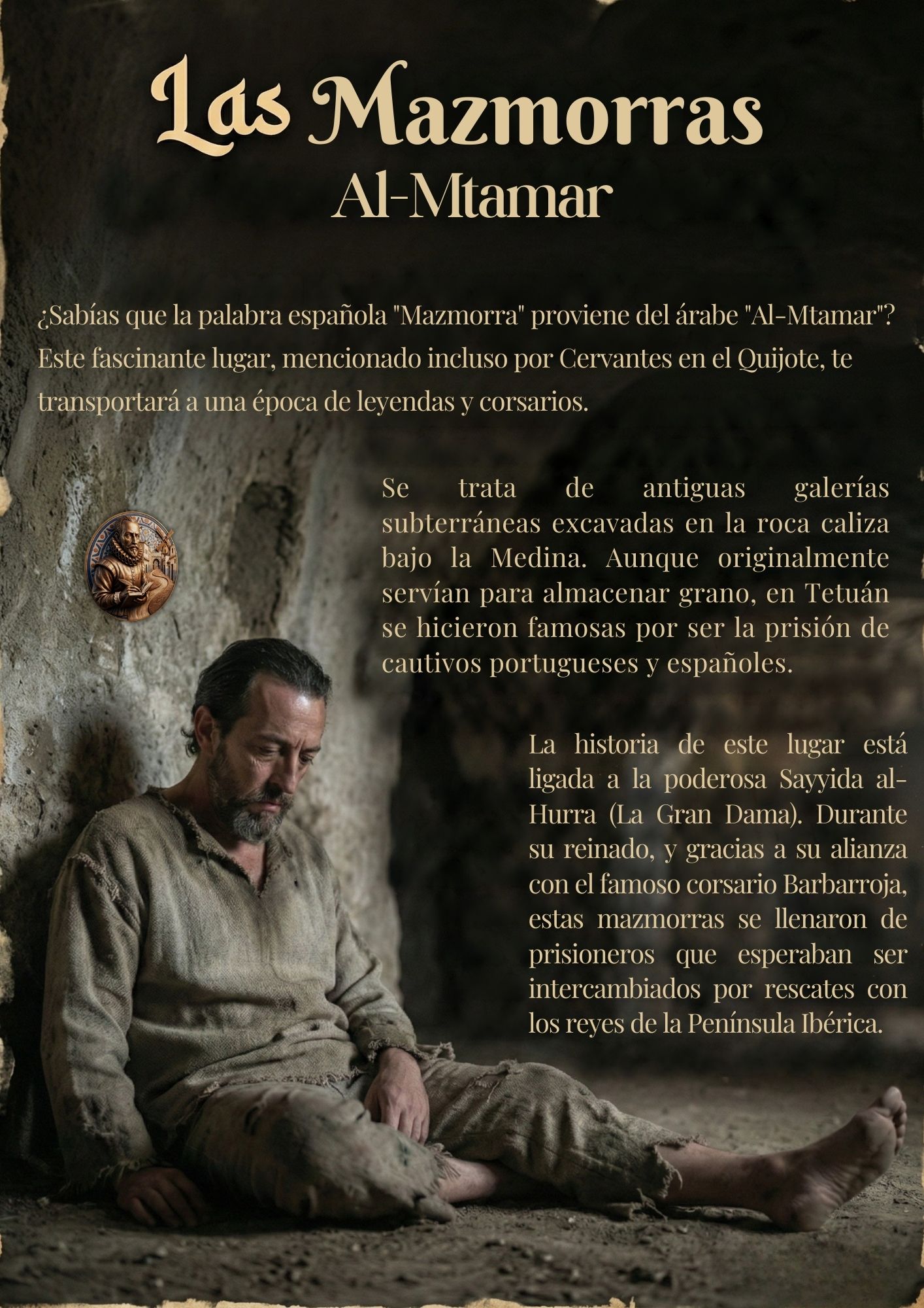¿Sabías que la palabra española "Mazmorra" proviene del árabe "Al-Mtamar"? Este fascinante lugar, mencionado incluso por Cervantes en el Quijote, te transportará a una época de leyendas y corsarios. Se trata de antiguas galerías subterráneas excavadas en la roca caliza bajo la Medina. Aunque originalmente servían para almacenar grano, en Tetuán se hicieron famosas por ser la prisión de cautivos portugueses y españoles. La historia de este lugar está ligada a la poderosa Sayyida al-Hurra (La Gran Dama). Durante su reinado, y gracias a su alianza con el famoso corsario Barbarroja, estas mazmorras se llenaron de prisioneros que esperaban ser intercambiados por rescates con los reyes de la Península Ibérica.